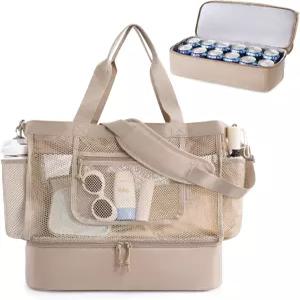 여성용 가방 스마트 비치백 지퍼가 달린 메시 토트백 수영 크루즈 수영장을 위한 모래 방지 휴가 필수품