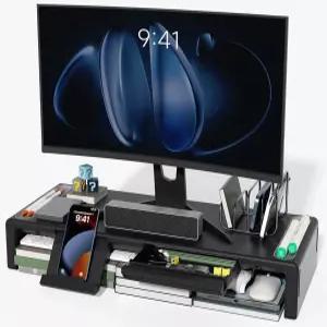 OImaster 모니터 스탠드 라이저 접이식 컴퓨터 길이 조절 가능한 및 수납 서랍 펜 슬롯 휴대폰 호환