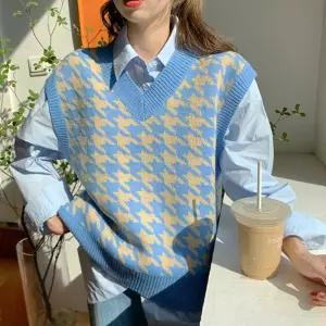 여자 간절기 데이트 룩 하운드 체크 니트 베스트 코디 FgJ9+8Jap