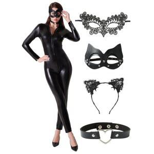 맥심 파티 용품 여성용 가죽 캣슈트 코스튬 바디수트 5피스 라텍스 점프수트에는 마스크 2개, 초커, 고양이 귀가 포함되어 있습니다