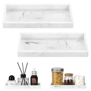 럭스파이어 욕실 배니티 2팩(7.9인치 액세서리용 트레이, 향수 트레이 - 디스펜서 비누 접시 화이트 주방 주얼리 x 조리대용 4인치), 실리콘 마블 카운터
