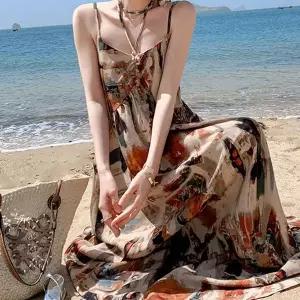 [에이치플러스몰]브이넥 패턴 여성 끈나시 롱 원피스 휴양지룩 비치룩