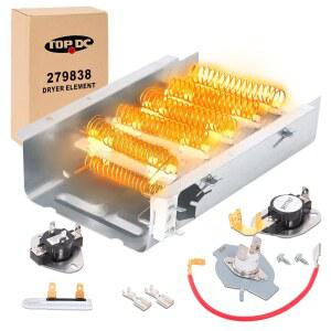 TOPDC 2025 월풀 켄모어 메이태그 아마나 로퍼 애드미럴 70/80 시리즈 110 모델을 위해 온도 조절기 및 열 퓨즈 키트가 포함된 업그레이드된 279838 건조기 난방 요소