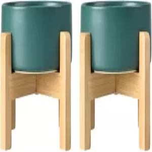 스펀키 세라믹 고가 개 그릇 2팩 - 5.1인치 대형 미끄럼 방지 나무 스탠드 포함 소형 식기세척기 안전(그린