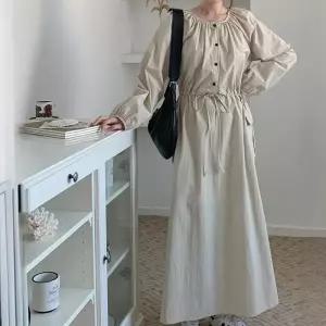 [신상오픈런]라운드넥블라우스 허리끈 에이라인 루즈핏 긴팔원피스 (29414620)