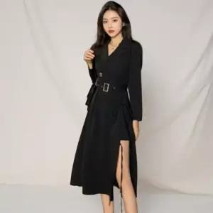 [신상오픈런]여성 클래식 벨트 롱 원피스 트임 카라넥 스커트 (42003908)