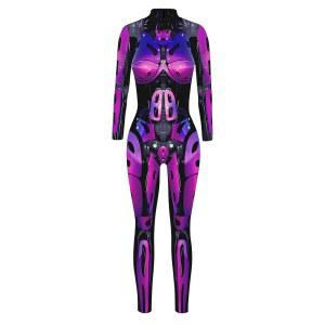 여성 할로윈 코스튬 긴팔 스키니 캣슈트 3D 프린팅 해골 바디슈트 본 코스프레 의상을 위한 FEOYA 스켈레톤 점프슈트