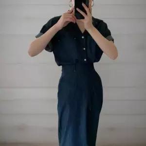 여성 중청색 포켓 반팔 데님 셔츠와 밴딩 롱 스커트 세트 (40953012)