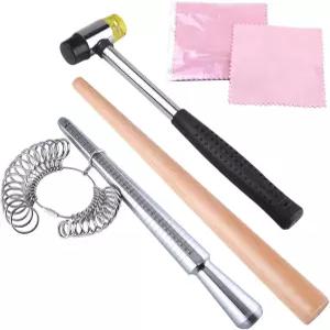 KUUQA 메탈 링 맨드릴 사이즈 게이지 세트 고무 망치 우드 조절 스틱 2피스 주얼리 연마 천 제작 키트 포함