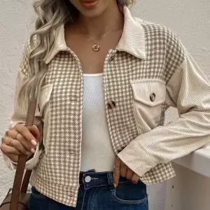 여성용 봄 가디건 재킷 크로스 쇼트 코듀로이 배색 모직 체크 코트 CH1