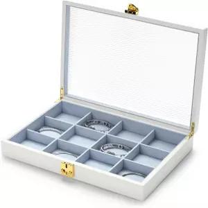 Oirlv 화이트 12 Gard 럭셔리 가죽 주얼리 정리함 트레이 투명 뚜껑 잠금식 박스 뱅글 홀더 여성용 (블루