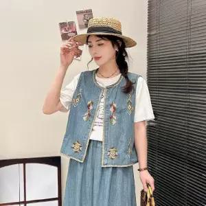 엘럽 여친 데님 춘하 빈티지 자수 민소매 라운드 카디건 가디건 상의 원템1