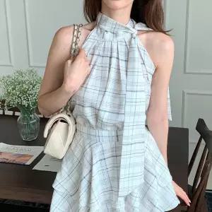 여성 체크 홀터넥 리본타이 여름 나시 블라우스 (39101572)