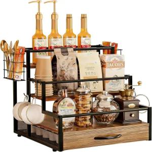 카운터탑 커피 시럽 랙 정리함 바 액세서리를 위한 36K 컵 보관 서랍이 있는 4단 나무 홀더 스탠드 주방