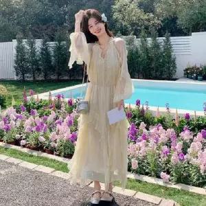 엘럽 여자 원피스 노랑 롱스커트 긴팔 프렌치 쉬폰 바캉스 올가을 원템3