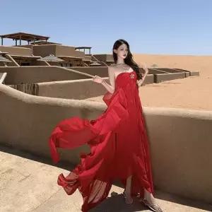 엘럽 여성용 원피스 치마 롱 쉬폰 비치 바캉스 홀터넥 나시 언발 시폰 원템1