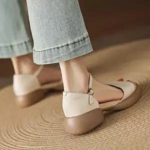 엘럽 여자 치마 여름 통굽 샌들 로마슈즈 가죽 버클 비치화 오픈토 위에 일자 리얼 미들힐 송편 박템5