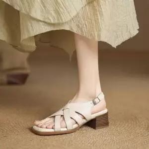 엘럽 여름 여성용 미들힐 비치 샌들 바캉스 리얼 가죽 토오픈 플랫폼 통굽 로마 박템5