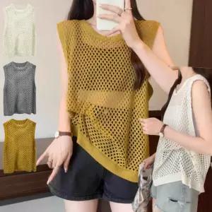 여성 여름 그물 디자인 바캉스룩 시스루코디 미디조끼 iBh7+2FJr
