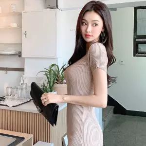 여성용 니트 스커트 원피스 여름옷 앞뒤 브이넥 반팔 힙싸개 펜슬 KS1