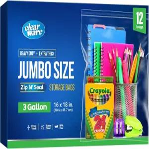 지퍼 상단이 있는 12개의 대형 보관 가방 - 3갤런 크기 16인치 x 18인치 옷 여행 이동용 초대형 플라스틱