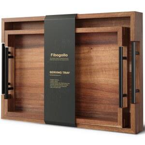 피보골로 아카시아 나무 세트 2인분 금속 손잡이, 오토만 장식 트레이 플래터 커피 테이블, 거실, 바, 파티