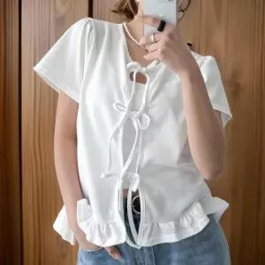 [신상오픈런]여성용 리본 장식 프릴 여름 반팔 코튼 가디건 (32328170)