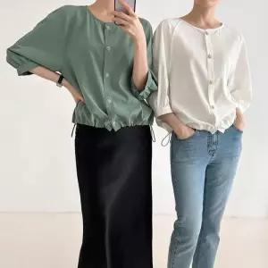 [신상오픈런]가오리핏 칠부남방 라운드넥 밑단조절 스트링 봄셔츠 (30121524)