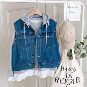 [신상오픈런]후드 빈티지 레트로 진청 라이트블루 여성청조끼 (30094150)