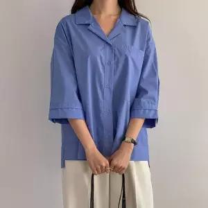 루즈핏 카라넥 힙커버 놈코어룩 칠부소매 무지셔츠 (28832805)