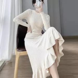 여자 골지 긴팔 프릴 슬림핏 긴팔 니트 롱 원피스 (41032754)