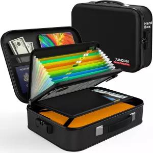 JUNDUN 방화 문서함 하드 케이스 문서 정리함 잠금 홈 여행용 휴대용 안전 보관함 상자 편지 크기 파일