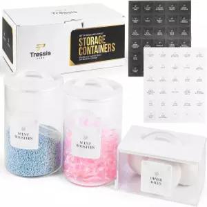 세탁 포드 보관 용기 세트 3L 유리병 2개와 대나무 뚜껑이 있는 아크릴 건조기 시트 1개 - 스쿱 2개 방수