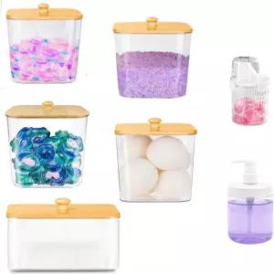 4+2피스 세탁 보관함 투명한 포드 보관함(나무 뚜껑과 라벨 포함)과 액체 세제 용기 포함. 섬유 유연제