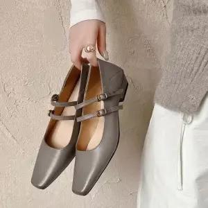 여성용 오피스룩 스트랩힐 신발 소가죽 가죽 토오픈 메리제인 스틸레토 프렌치 스트랩 단화 KS5