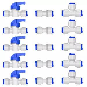 5개 3/8 볼 밸브 티 1/4 OD 엘보 퀵 커넥트 푸시인 연결 방식 RO 역삼투압 시스템 워터 튜브 피팅