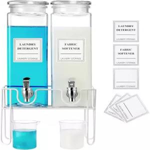 스탠드가 있는 유리 세탁 세제 디스펜서 2팩 세탁실 정리 및 보관용 비누 섬유 유연제 라벨이 76온스 액체