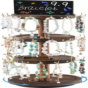 롤라렛 4단 팔찌 홀더 42개의 후크와 트레이 베이스가 있는 나무 회전 뱅글 디스플레이 스탠드 열쇠고리