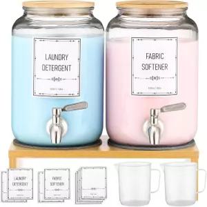 세탁 세제 디스펜서. 0.9갤런 유리 비누 액체 스탠드와 대나무 뚜껑이 있는 섬유 유연제 세탁실 정리 및