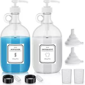 세탁 세제 디스펜서 64온스 섬유 유연제 유리 액체 용기 세탁실 정리용 정리함 4개의 라벨 2팩