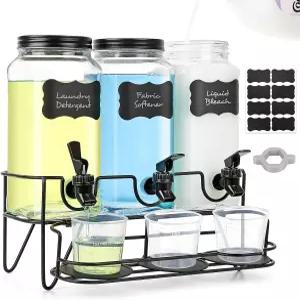 세탁실 정리용 2.2L 액체 세탁 세제 디스펜서 스탠드가 있는 유리 비누 계량컵 섬유 유연제 3종 세트