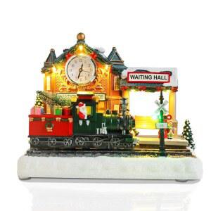 산타가 있는 VCUTEKA 크리스마스 빌리지 하우스, 빅토리아 크리스마스 빌리지 컬렉션 건물, 홀리데이 테이블 디스플레이 또는 홈 데코를 위한 조명이 켜진 뮤지컬 크리스마스 빌리지 기차역