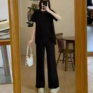 [의류] 잔골지 밑단 트임 반팔 핀턱 긴바지 팬츠 투피스