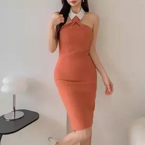 [신상오픈런]홀터넥 칵테일 스판 아워글래스 슬리브리스원피스 (30345795)