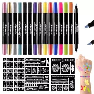 피부용 소파노 임시 타투 마커 10대 듀얼 엔드 펜 15개 82개의 스텐실이 있는 피부 안전 바디 글리터