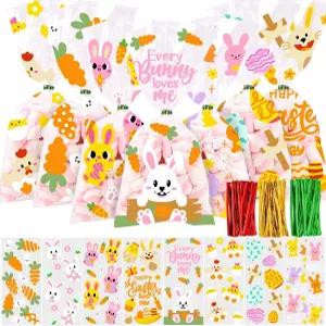 JOICEE 120PCS 부활절 셀로판 간식 가방 150PCS 트위스트 타이가 포함된 클리어 토끼 병아리 캔디 굿이