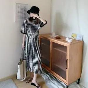 [의류] 스트라이프 롱원피스 허리조임 반팔 데일리롱원피스