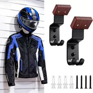 오토바이 헬멧 홀더 2팩 이중 후크가 있는 튼튼한 벽걸이 랙 축구 야구 장비용 강철 및 나무 걸이 녹슬지