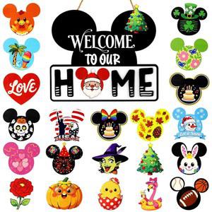 봄 여름 가을을 위한 마우스 홈 데코, 22PCS 교체 가능한 홀리데이 피스가 포함된 교체 가능한 계절 환영 표지판 모든 시즌 홀리데이 할로윈 크리스마스