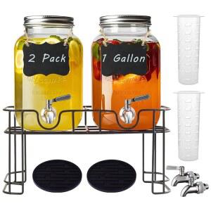 갤스매직 1갤런 유리 음료 디스펜서(스탠드 포함), 2팩 유리 음료 디스펜서(스테인리스 스틸 스피갓 포함), 파티용 워터 레모네이드 디스펜서